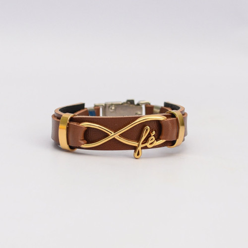 Pulseira Couro Fé Caramelo Dourada Regulável
