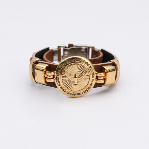 Pulseira Couro Espírito Santo Caramelo Dourada Regulável
