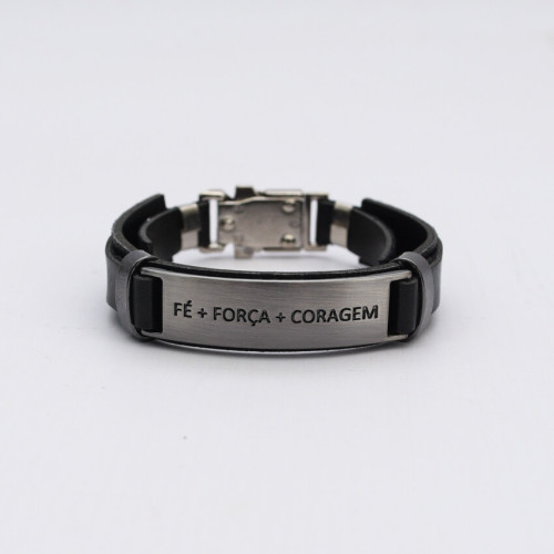 Pulseira Couro  Fé+ Força+ + Coragem Preta Escovada Regulável