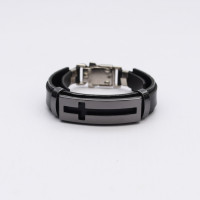 Pulseira Couro Cruz Preta Onix Regulável..