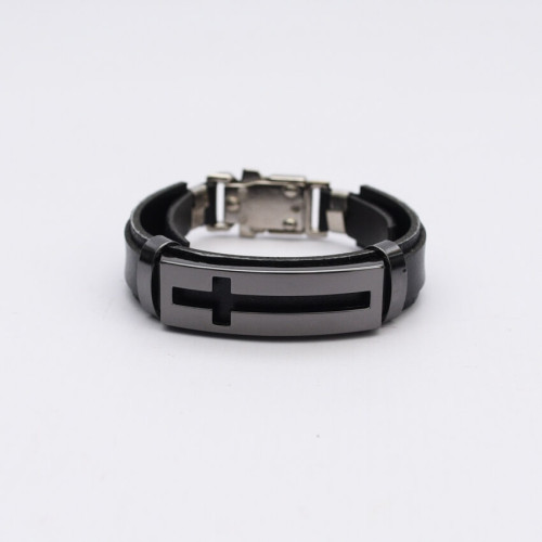 Pulseira Couro Cruz Preta Onix Regulável