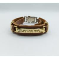 Pulseira Couro Caramelo Oração Cruz Sagr..