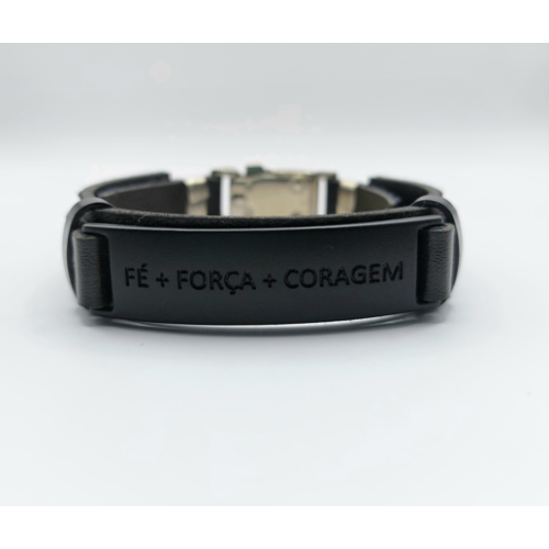 Pulseira Couro Preta Fé + Força + Coragem Fosca